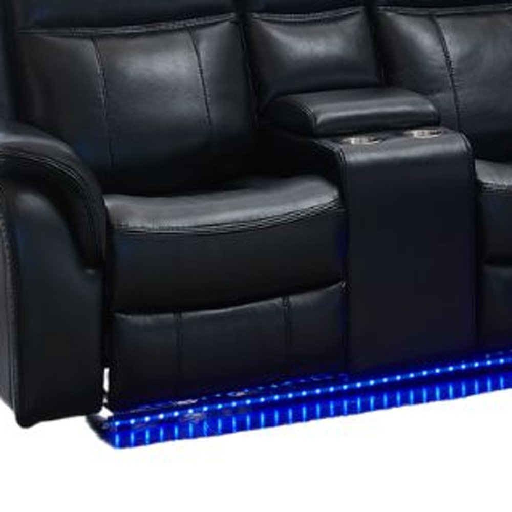 Sofá seccional de esquina de tres piezas en forma de L, reclinable eléctrico, de mezcla de poliéster negro con consola