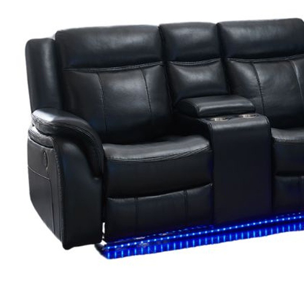 Sofá seccional de esquina de tres piezas en forma de L, reclinable eléctrico, de mezcla de poliéster negro con consola