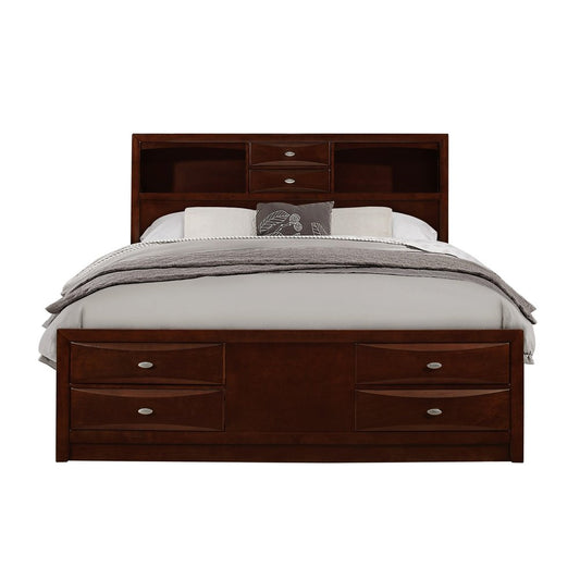Cama Queen de madera maciza color Merlot con ocho cajones
