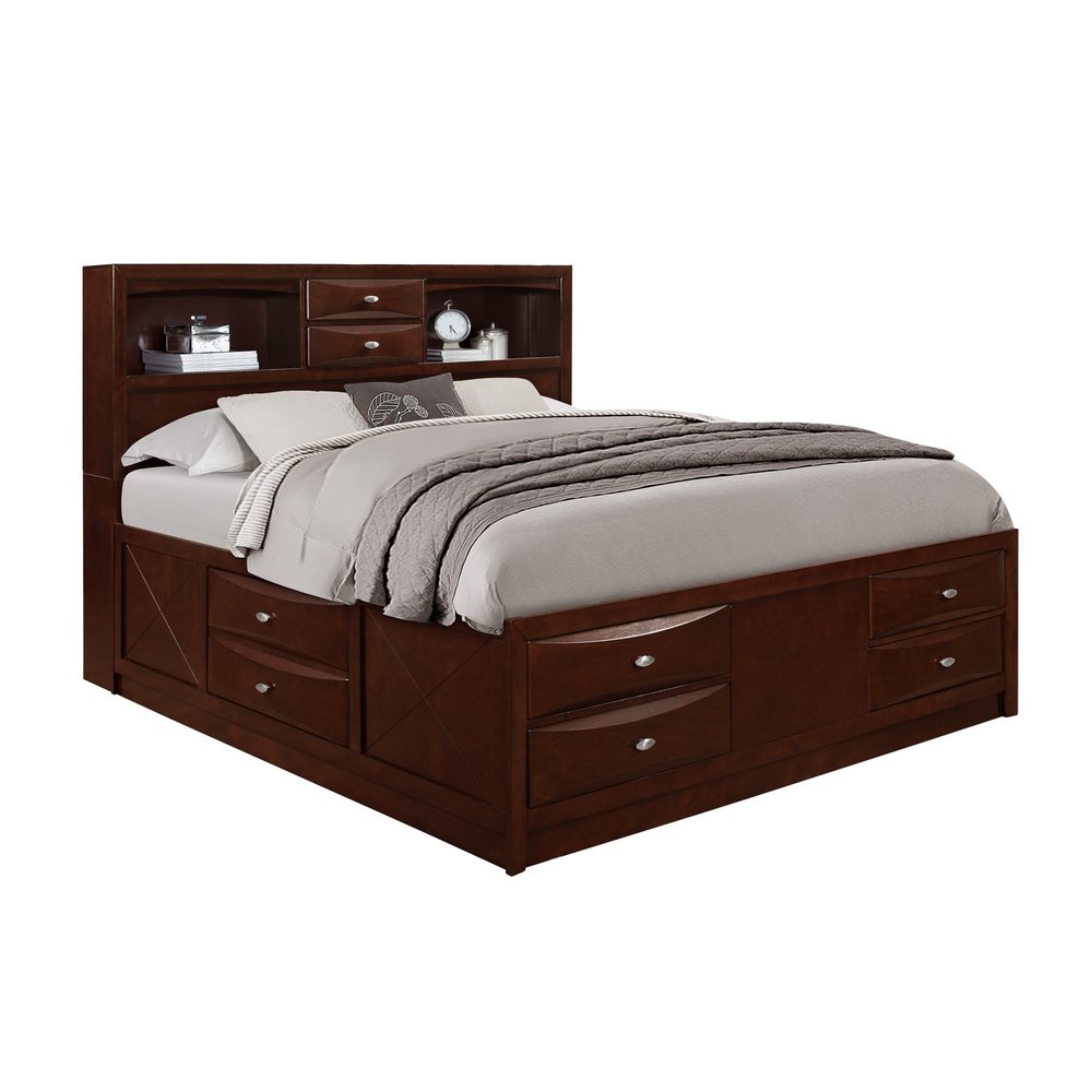 Cama Queen de madera maciza color Merlot con ocho cajones