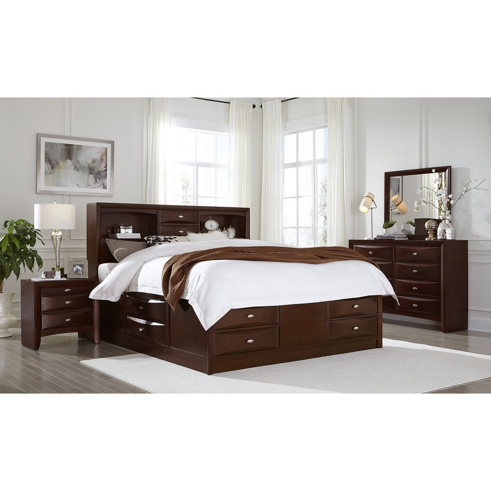Cama Queen de madera maciza color Merlot con ocho cajones
