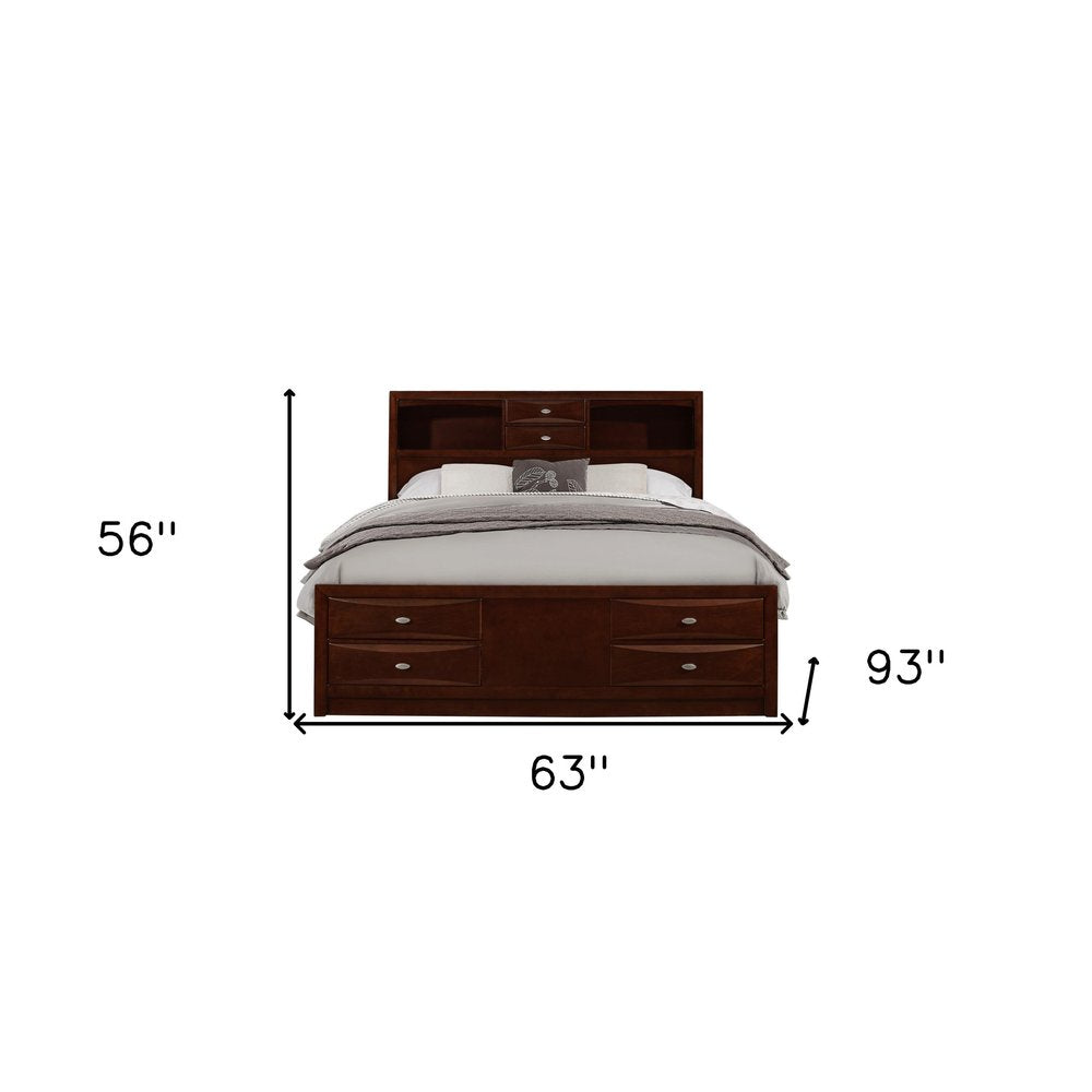 Cama Queen de madera maciza color Merlot con ocho cajones