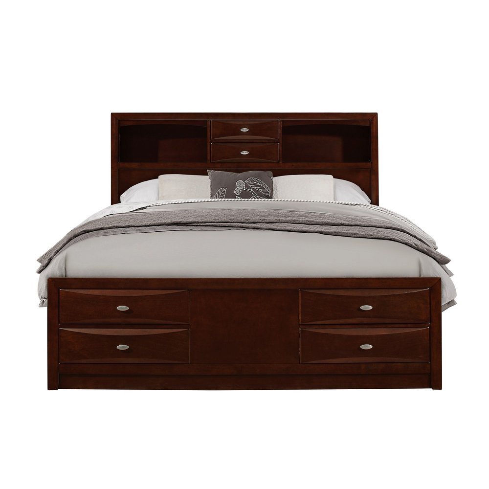 Cama Queen de madera maciza color Merlot con ocho cajones
