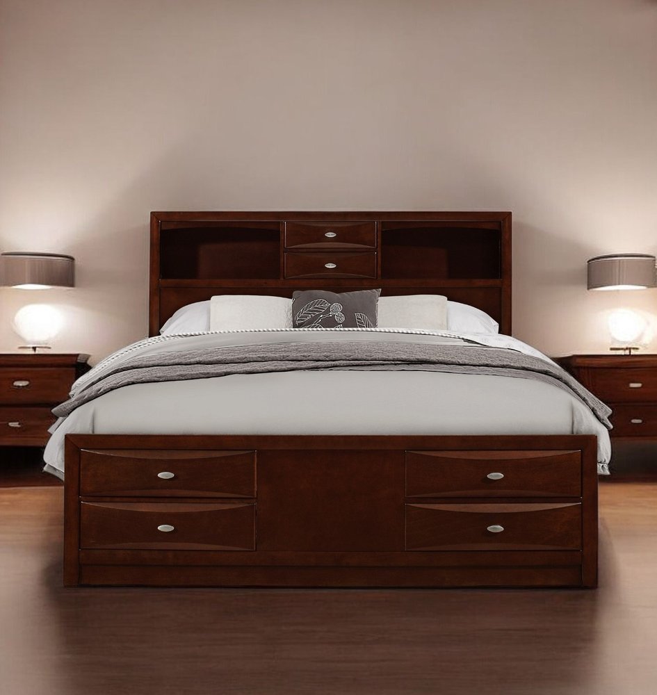 Cama Queen de madera maciza color Merlot con ocho cajones