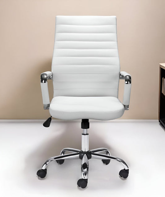Silla de oficina giratoria ajustable de cuero sintético con ruedas para conferencias, color blanco y plateado