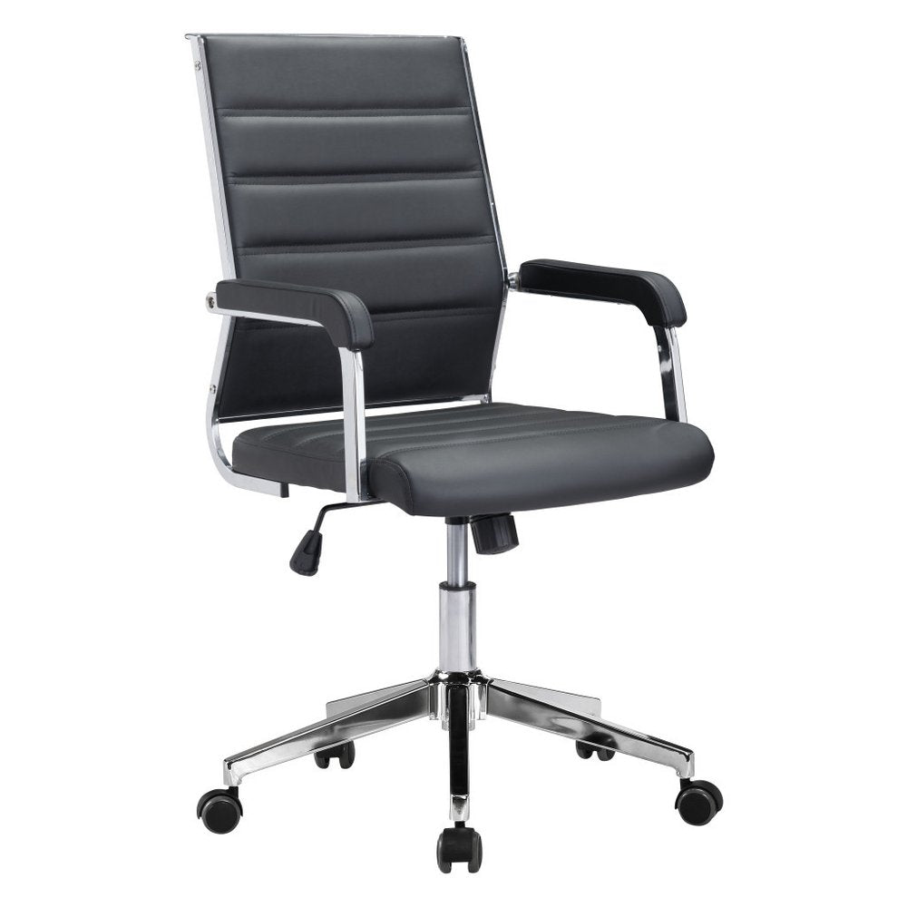 Silla de oficina giratoria ajustable de cuero sintético con ruedas para conferencias, color plateado y negro