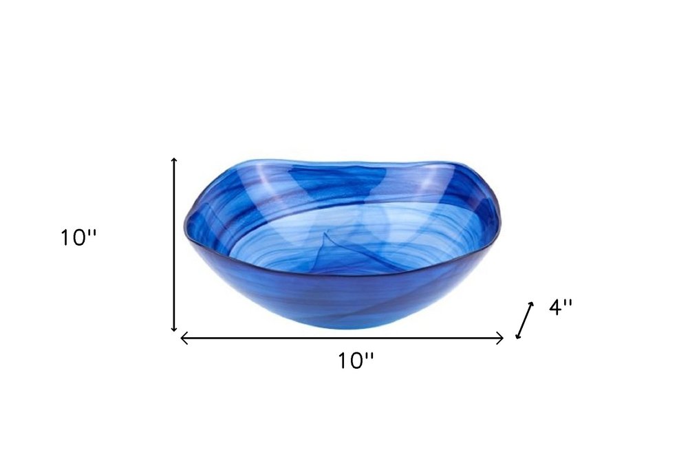 Cuenco cuadrado moderno de vidrio azul suave con remolino de 10"