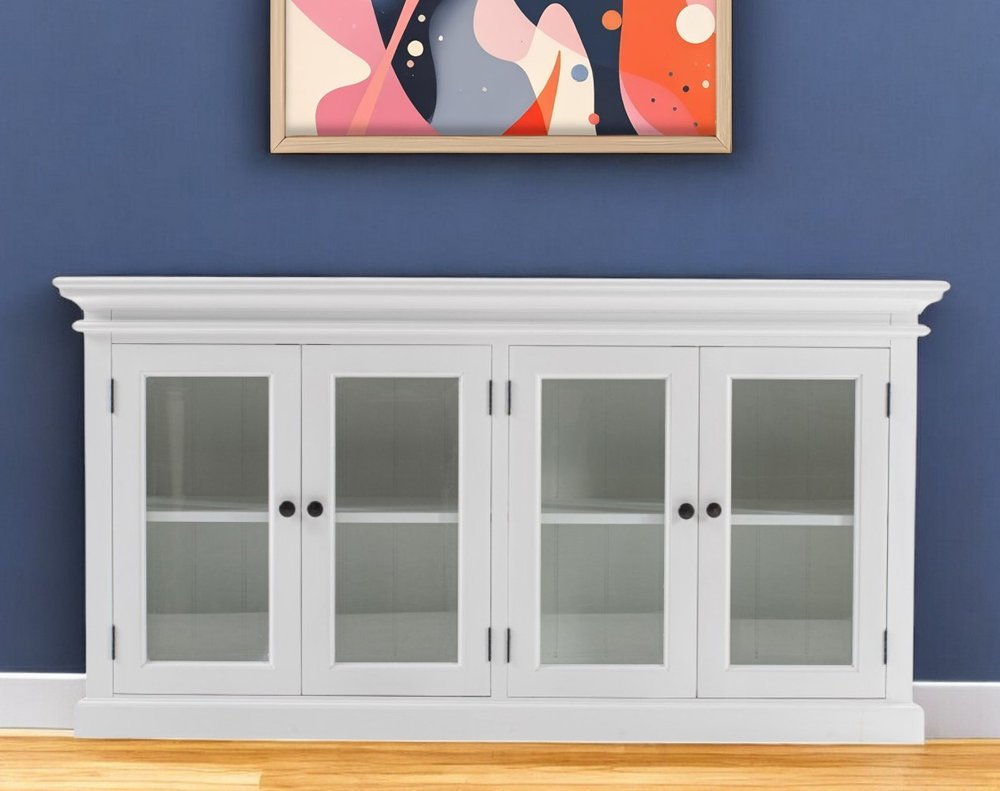 64" White Distressed Solid Wood Sideboard with Four Glass Doors