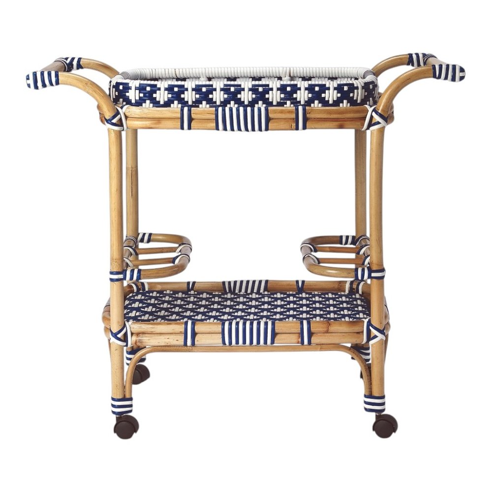 Carrito de bar con ruedas de ratán azul marino, blanco y natural de 35"