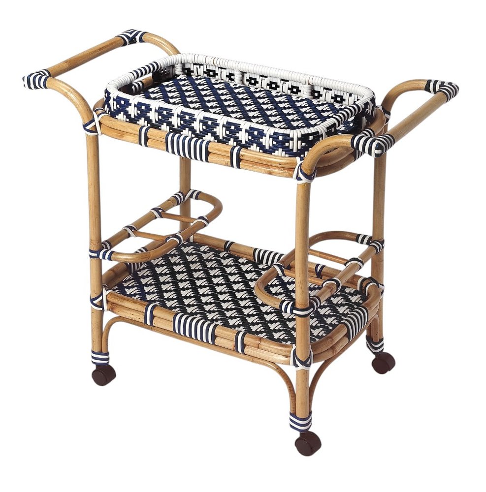 Carrito de bar con ruedas de ratán azul marino, blanco y natural de 35"