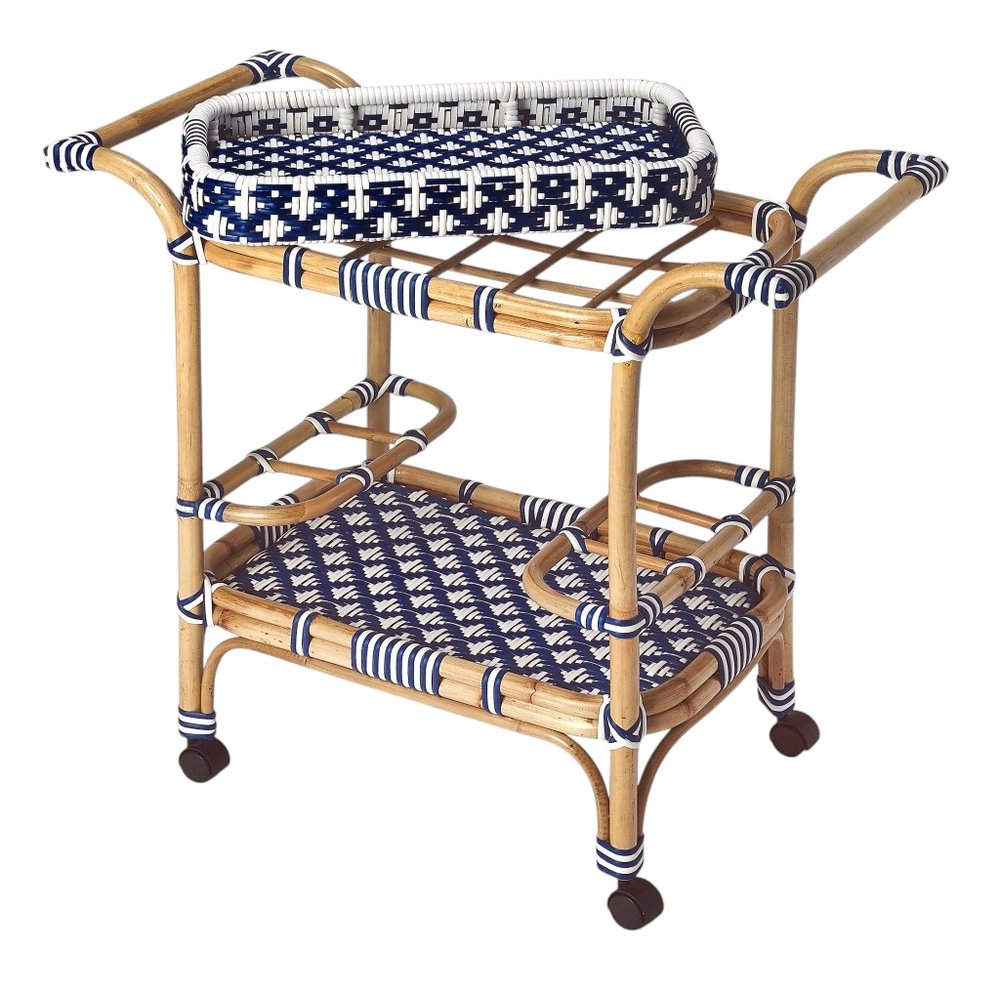 Carrito de bar con ruedas de ratán azul marino, blanco y natural de 35"