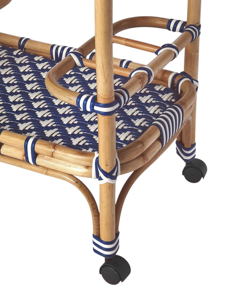 Carrito de bar con ruedas de ratán azul marino, blanco y natural de 35"