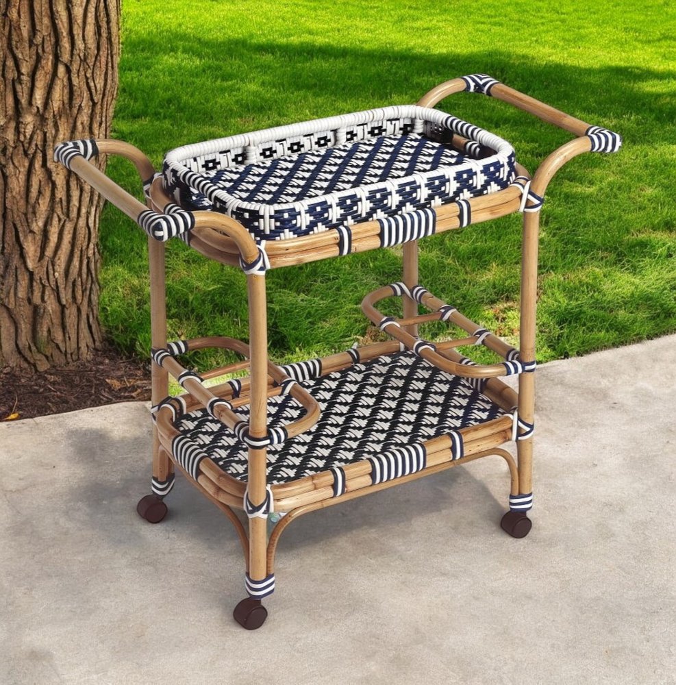 Carrito de bar con ruedas de ratán azul marino, blanco y natural de 35"