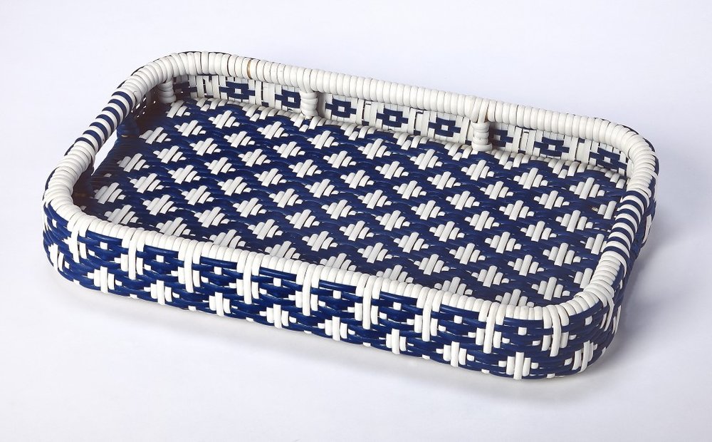 Carrito de bar con ruedas de ratán azul marino, blanco y natural de 35"
