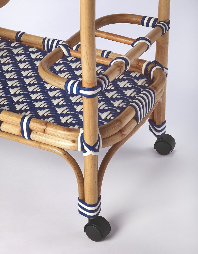 Carrito de bar con ruedas de ratán azul marino, blanco y natural de 35"