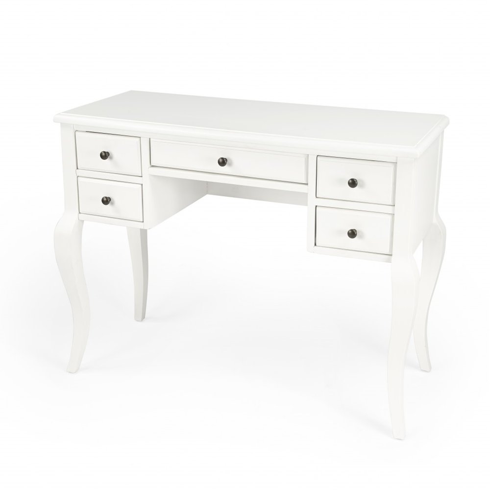 40" White Acacia Wood Writing Desk With Five Drawers