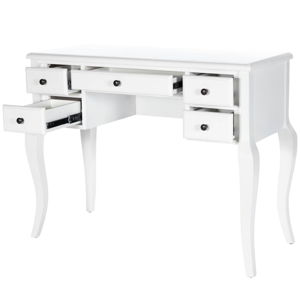 40" White Acacia Wood Writing Desk With Five Drawers