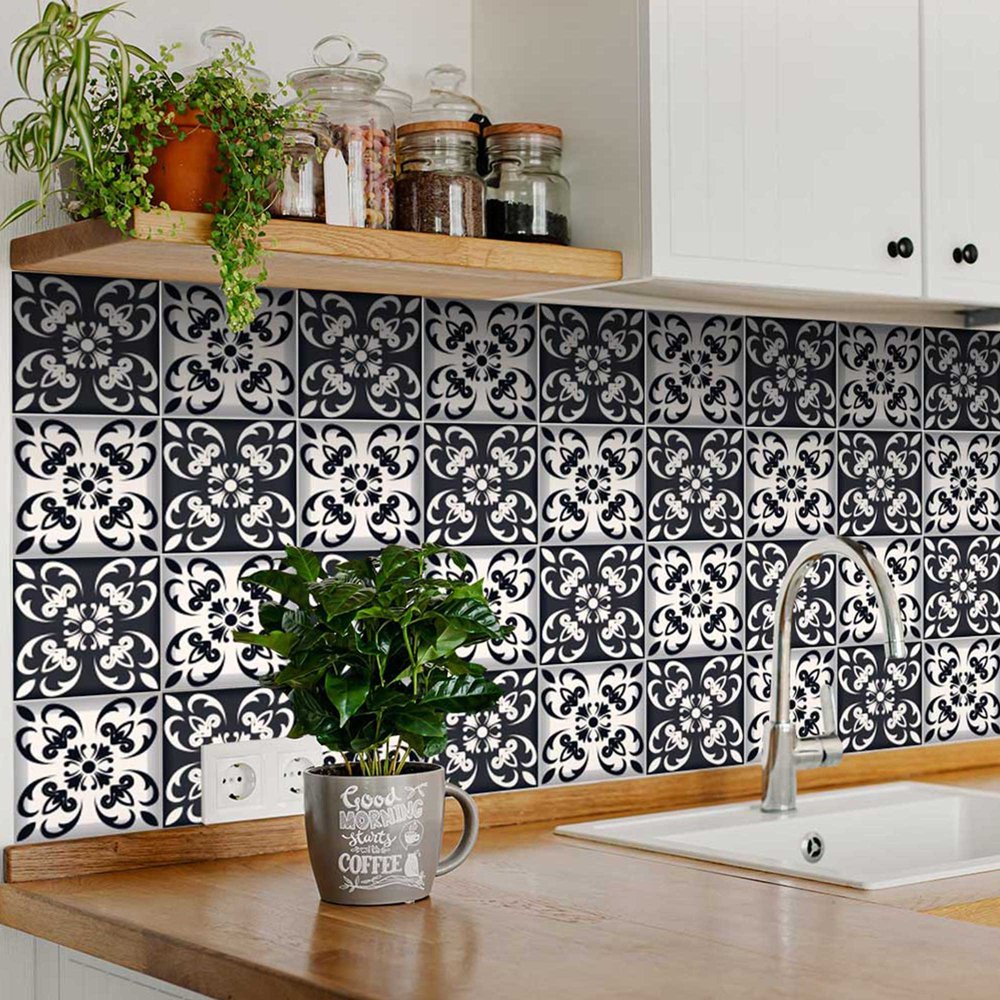 8" X 8" Black And White Quatro Peel And Stick Removable Tiles