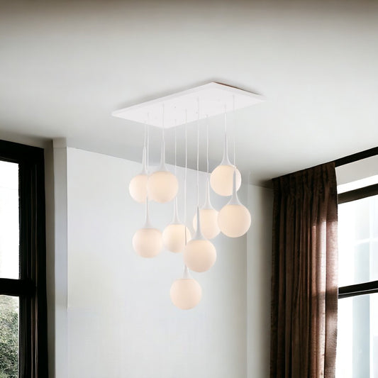Lámpara de techo regulable de metal con nueve luces y pantalla blanca