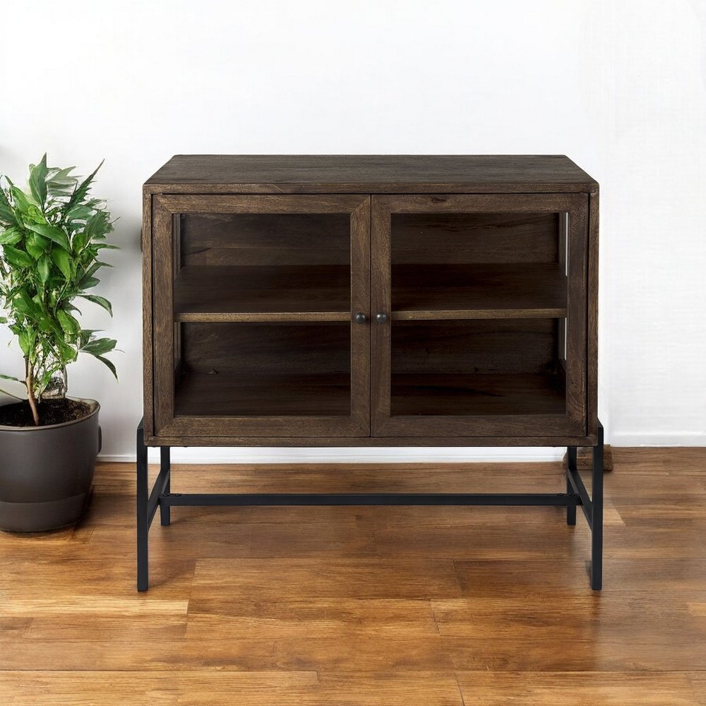 38" Gray Solid Wood Sideboard with Two Glass Doors