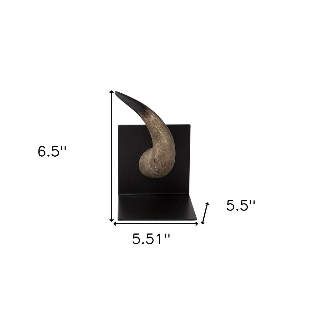 Set of Two 6" Brown and Black Ceramic Horn Decorative Bookends