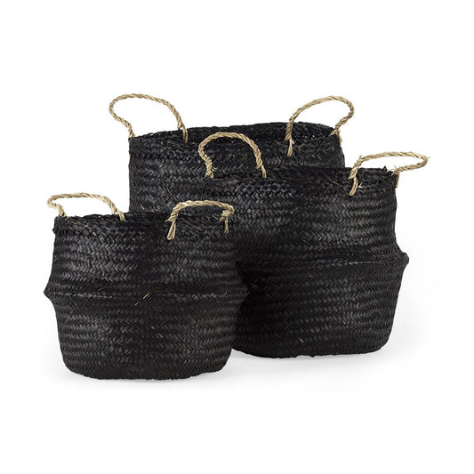 Juego de tres cestas de almacenamiento de mimbre negro de 25 cm