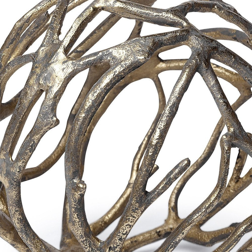 Escultura de mesa de aluminio con forma de orbe de rama de árbol rústica dorada envejecida de 18 cm