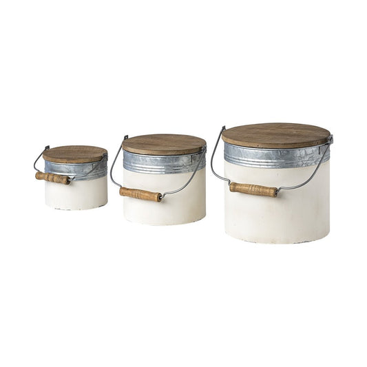Juego de tres latas de almacenamiento rústicas de metal blanco