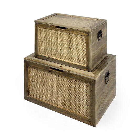 Conjunto de dos cajas de almacenamiento de madera y caña en tonos marrones y naturales
