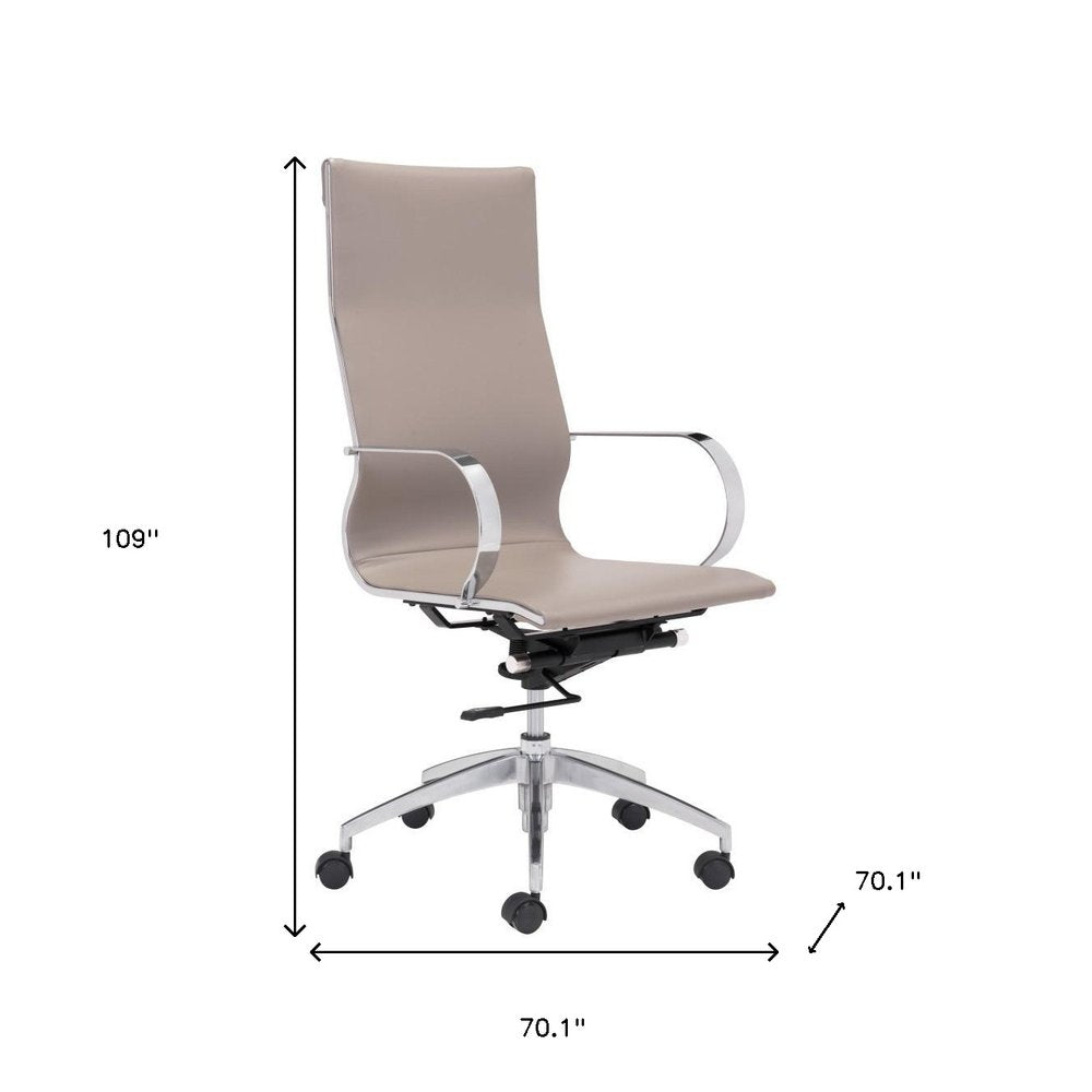 Silla de oficina giratoria ajustable con ruedas y cuero sintético en color topo y plateado