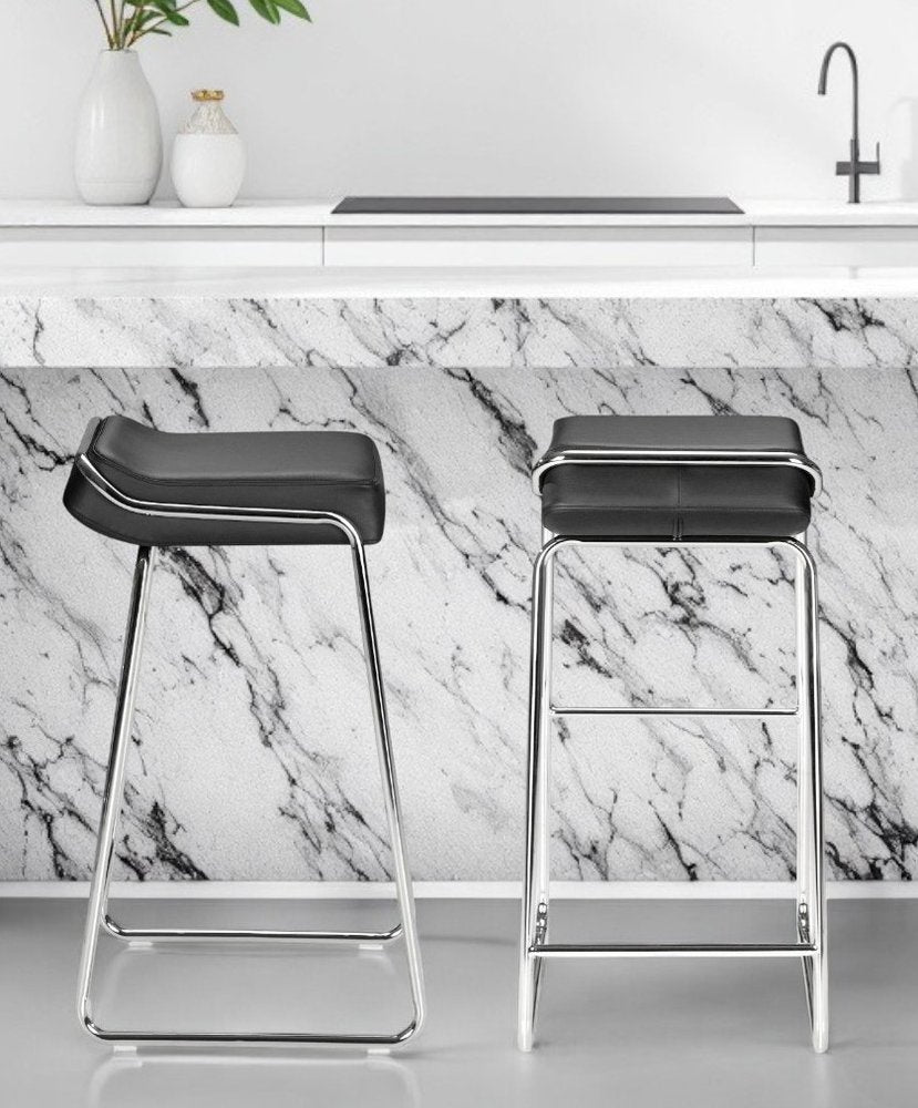 Set of Two 32" Black And Silver Faux Leather And Steel Backless Bar Height Bar Chairs
