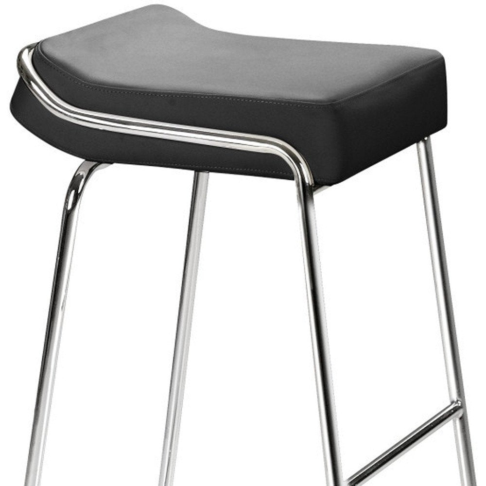 Set of Two 32" Black And Silver Faux Leather And Steel Backless Bar Height Bar Chairs