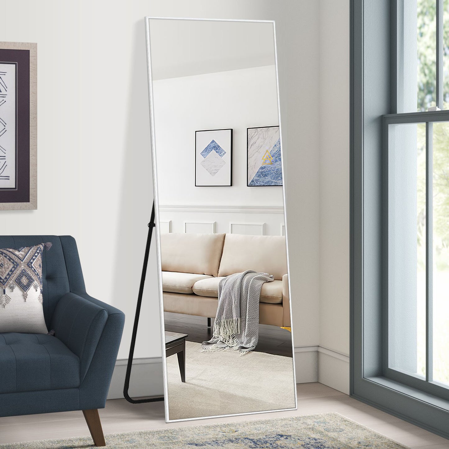 64" Silver Metal Freestanding and Wall Mount Accent Mirror