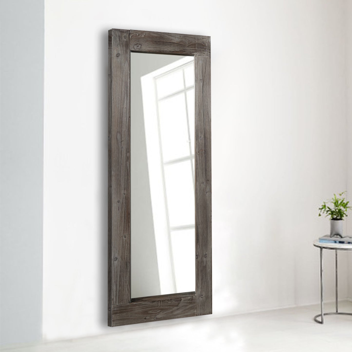 58" Dark Brown Solid Wood Freestanding and Wall Mount Accent Mirror