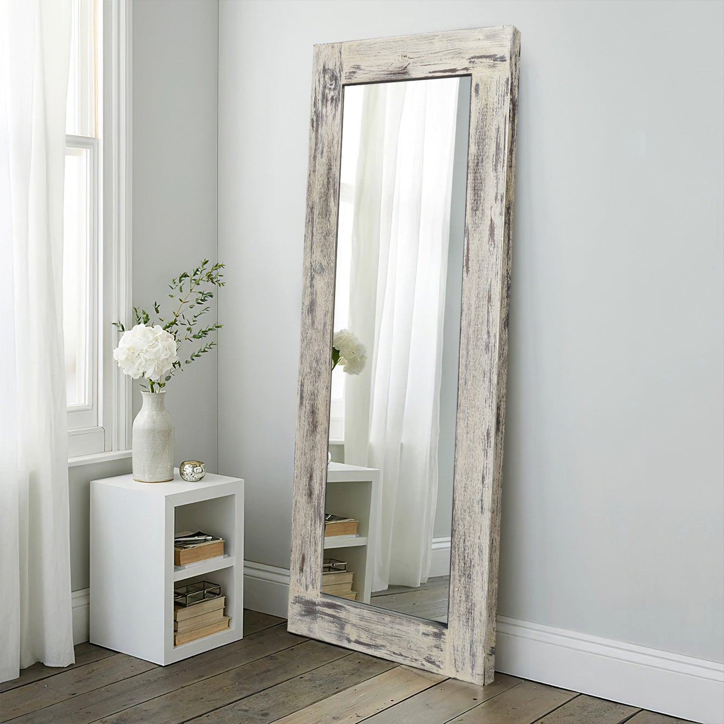 58" Dark Brown Solid Wood Freestanding and Wall Mount Accent Mirror