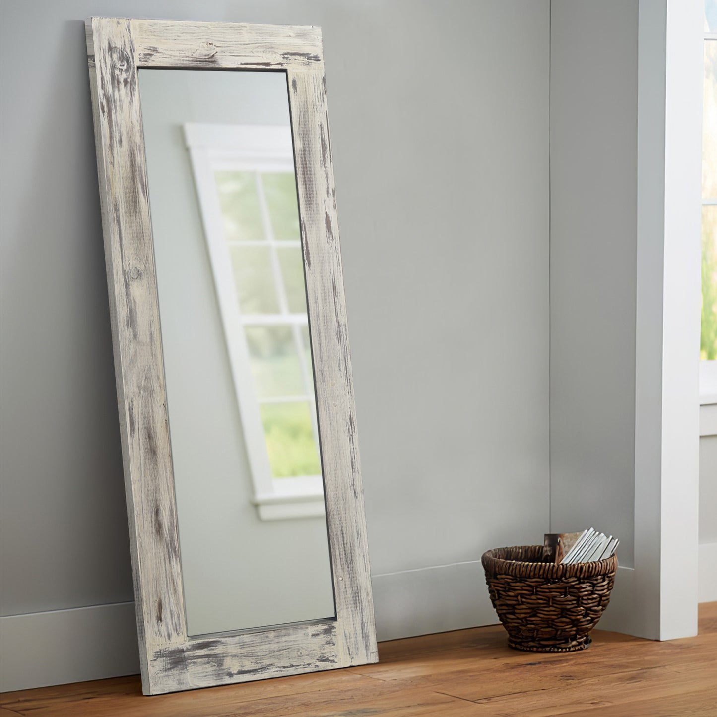 58" Dark Brown Solid Wood Freestanding and Wall Mount Accent Mirror