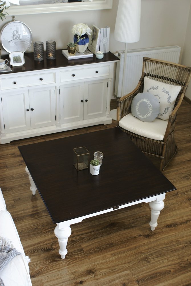 39" Brown and White Wood Square Distressed Coffee Table