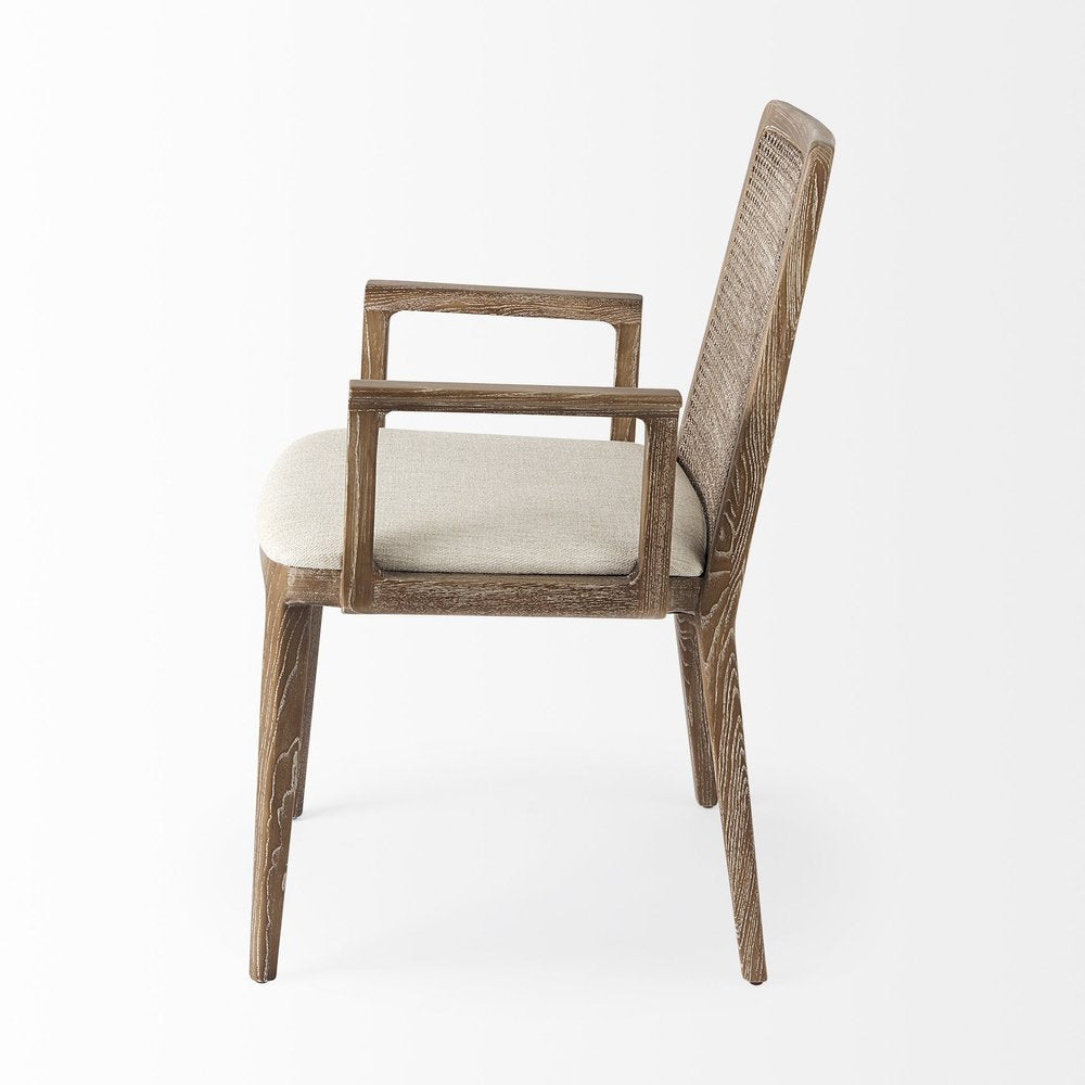 Cream And Brown Upholstered Fabric Dining Arm Chair