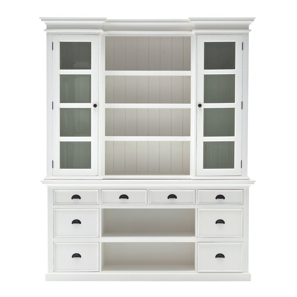 Librería de madera blanca de 87" con puertas de vidrio, cajones y cestas.