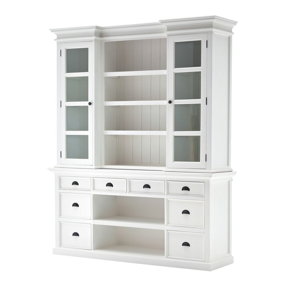 Librería de madera blanca de 87" con puertas de vidrio, cajones y cestas.