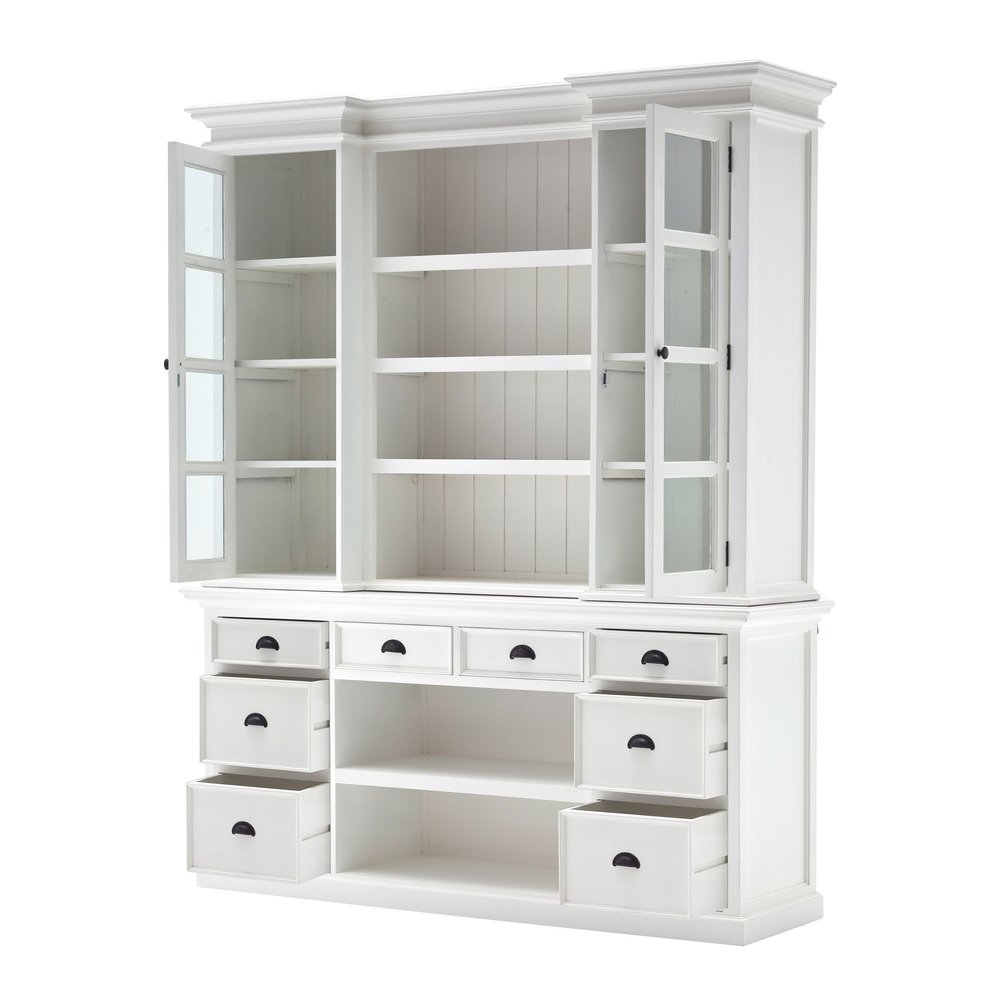 Librería de madera blanca de 87" con puertas de vidrio, cajones y cestas.