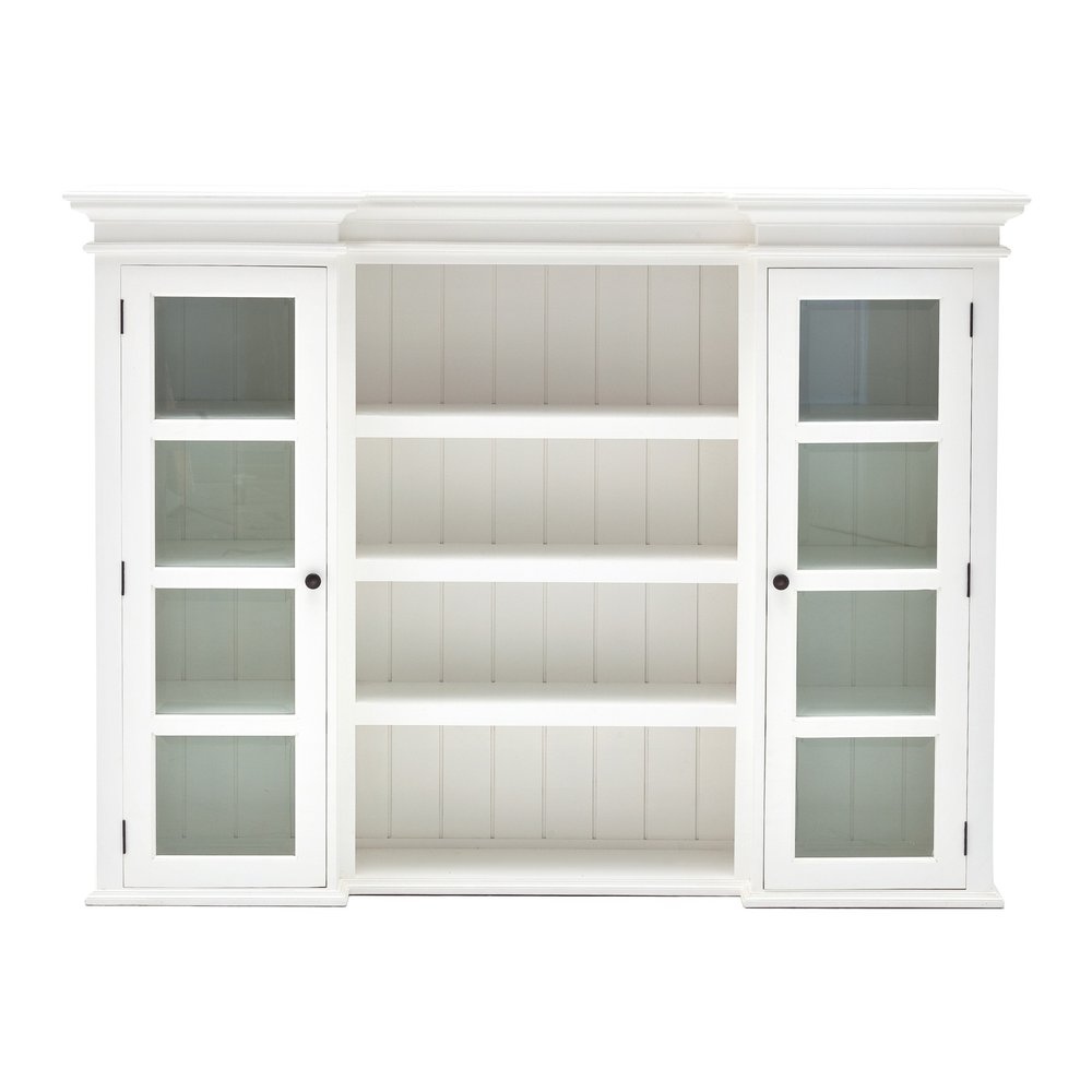 Librería de madera blanca de 87" con puertas de vidrio, cajones y cestas.