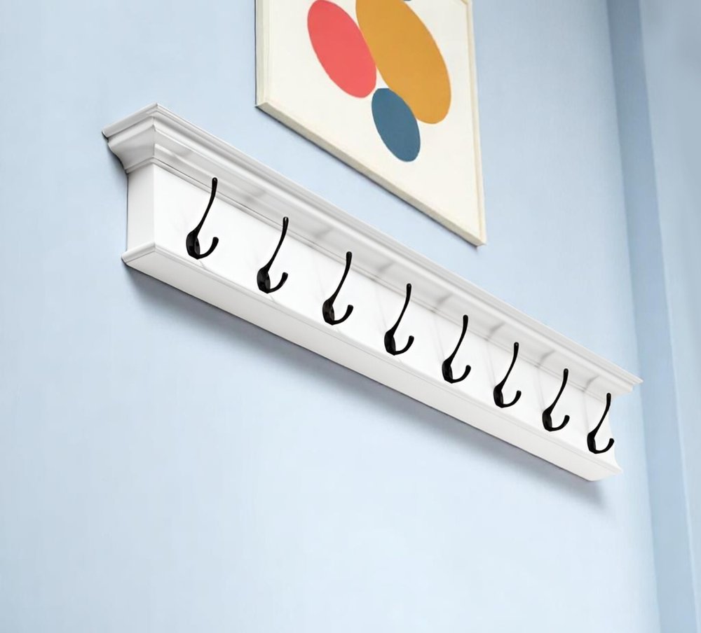 Perchero de pared de madera maciza blanca de 51" con ocho ganchos