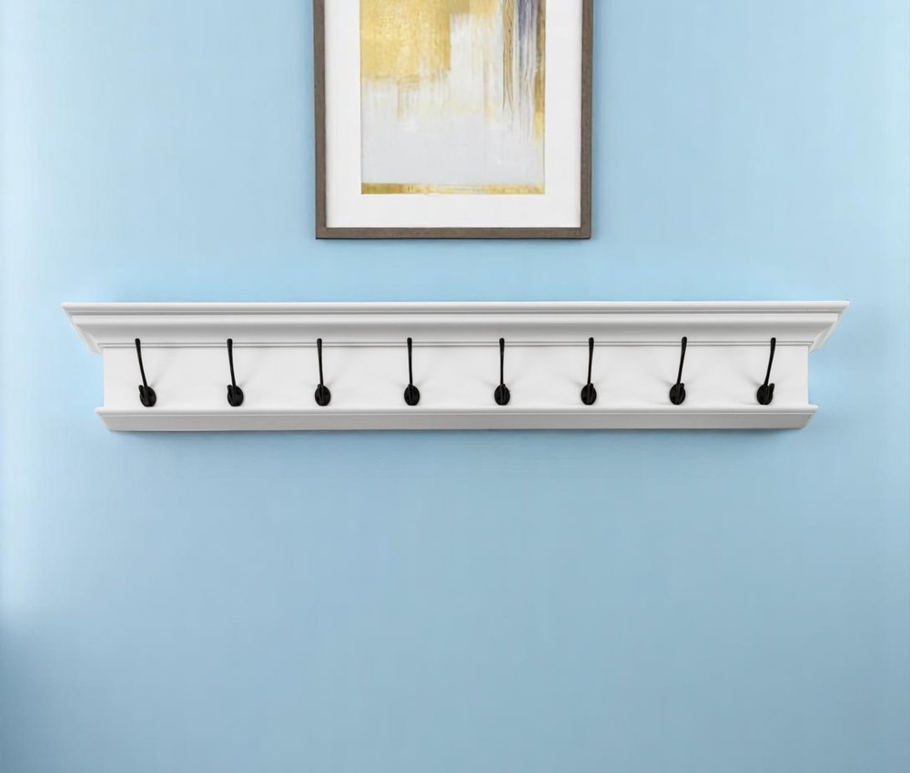 Perchero de pared de madera maciza blanca de 51" con ocho ganchos