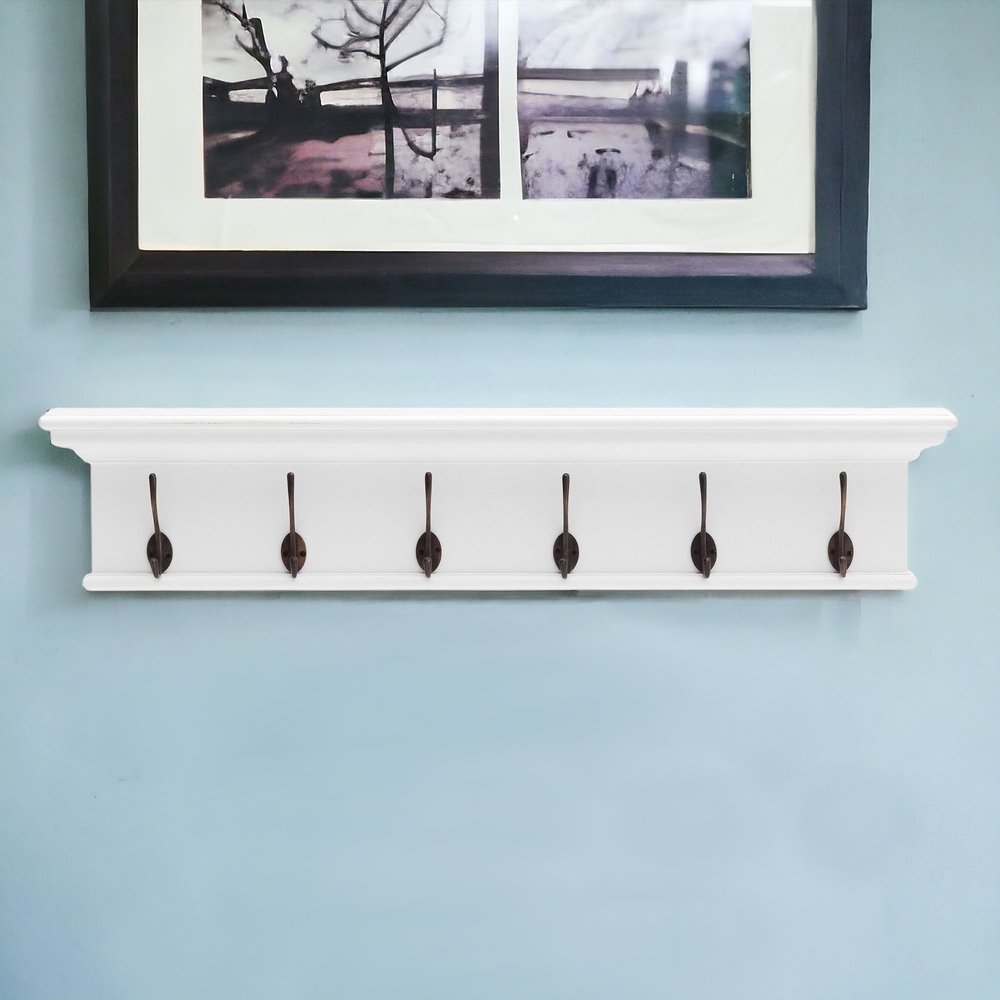 Perchero clásico de madera blanca de 39" con seis ganchos para colgar
