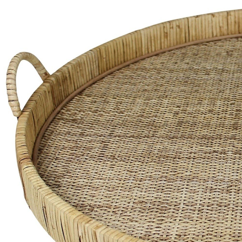 Bandeja para servir redonda de bambú natural de 24" hecha a mano con asas