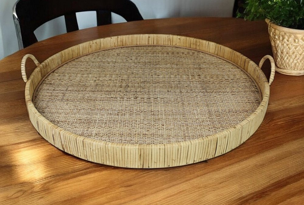Bandeja para servir redonda de bambú natural de 24" hecha a mano con asas