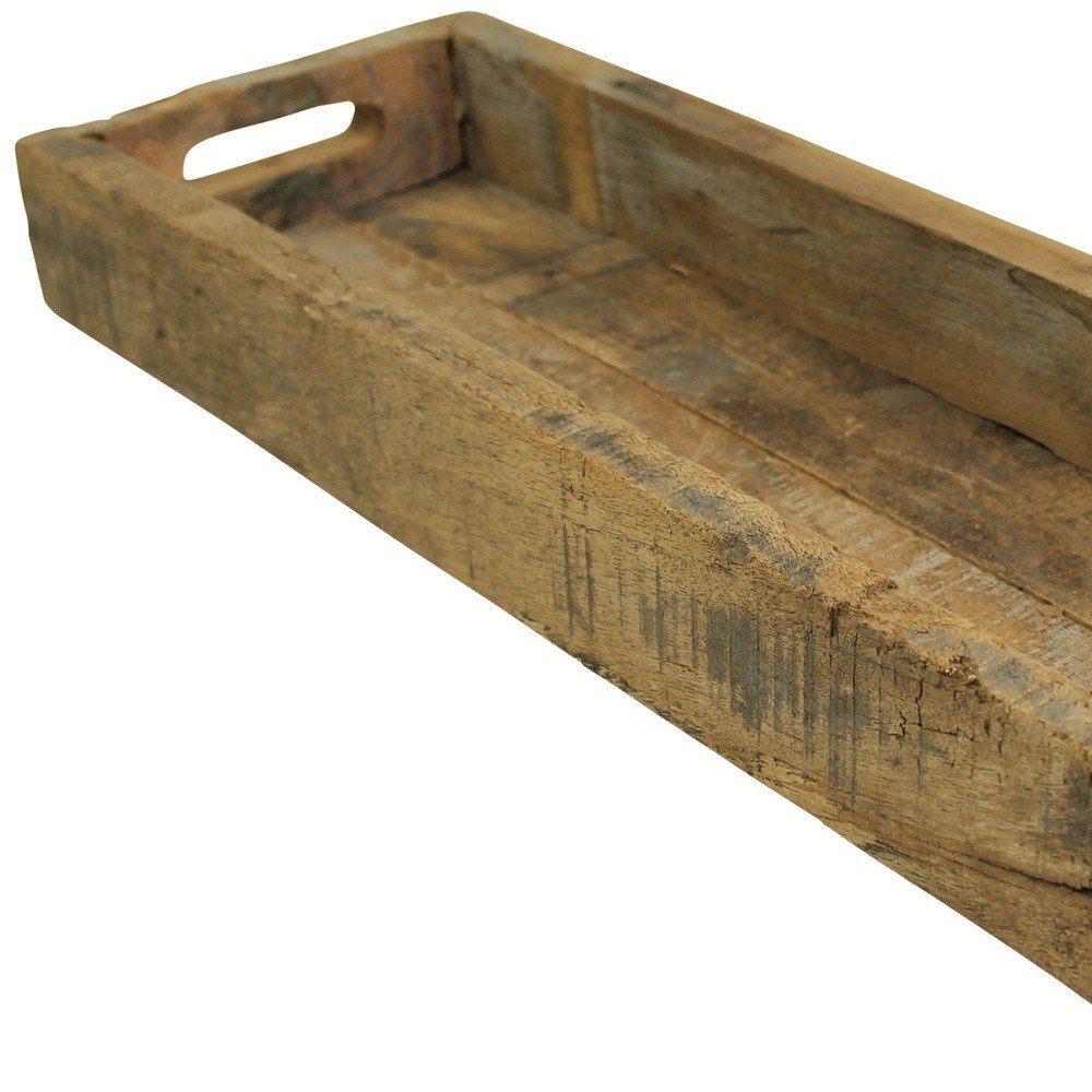 Bandeja estrecha rústica de madera recuperada natural de 24" con asas