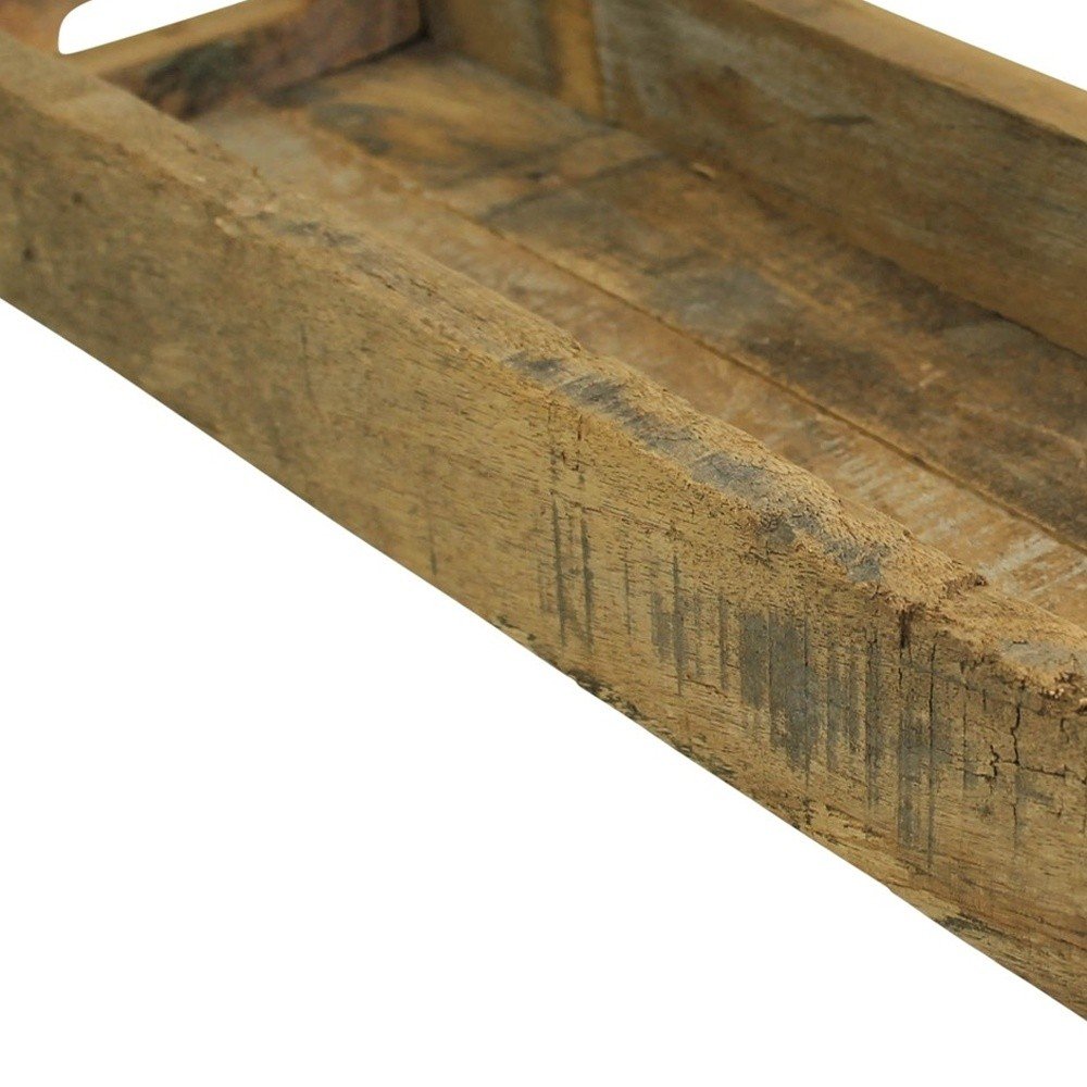 Bandeja estrecha rústica de madera recuperada natural de 24" con asas