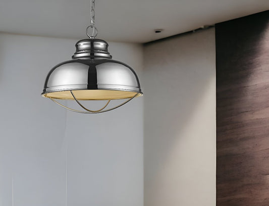 Lámpara colgante Ansen de una luz en níquel pulido con pantalla interior blanca brillante